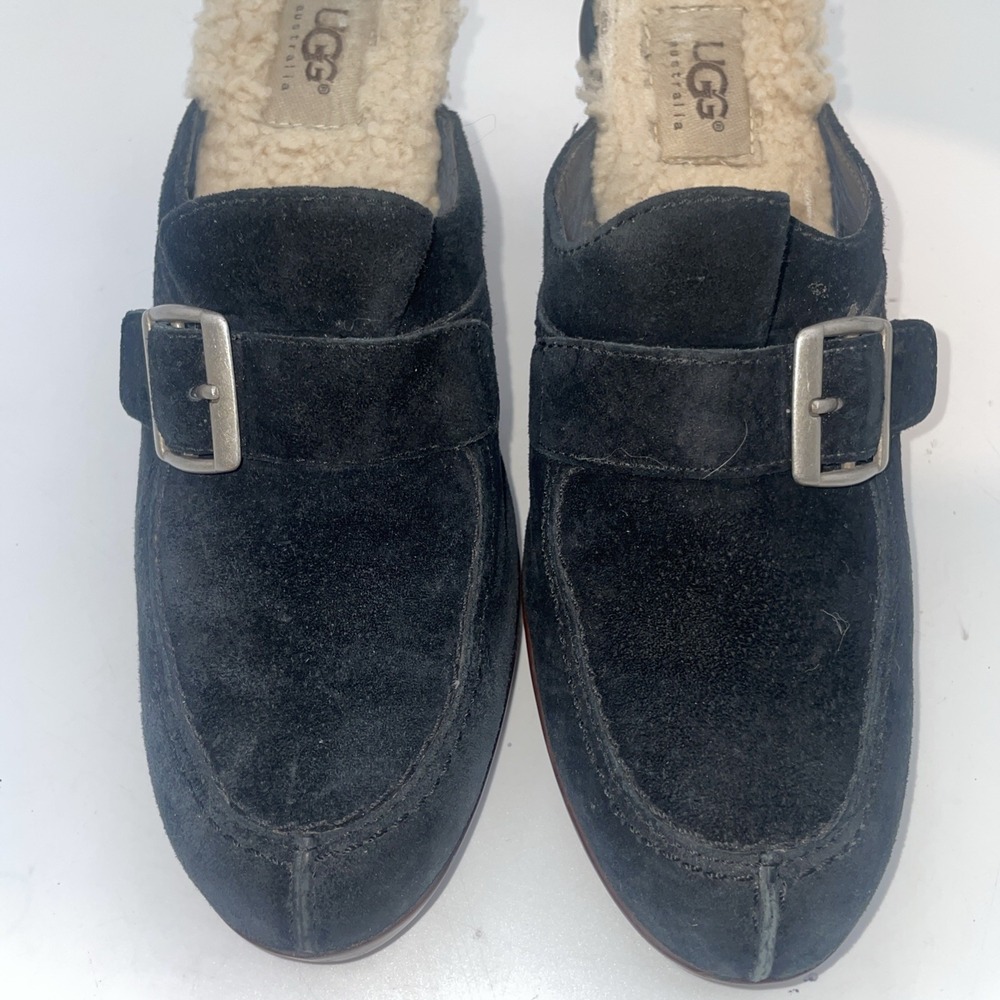 Ugg Isabella Mules Slides Womens 8 Black Suede Leather Buckle Moc Toe Cone Heel
